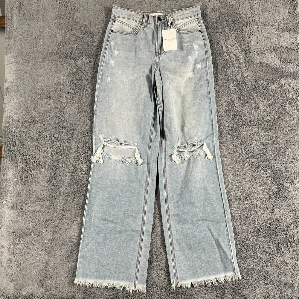 Carly Jean Malibu Light Jeans Womens 5 Blue Denim Distressed Raw Hem Wide Leg